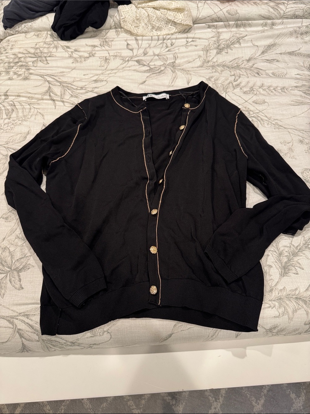 Black Cardigan with beige Trim and gold Buttons